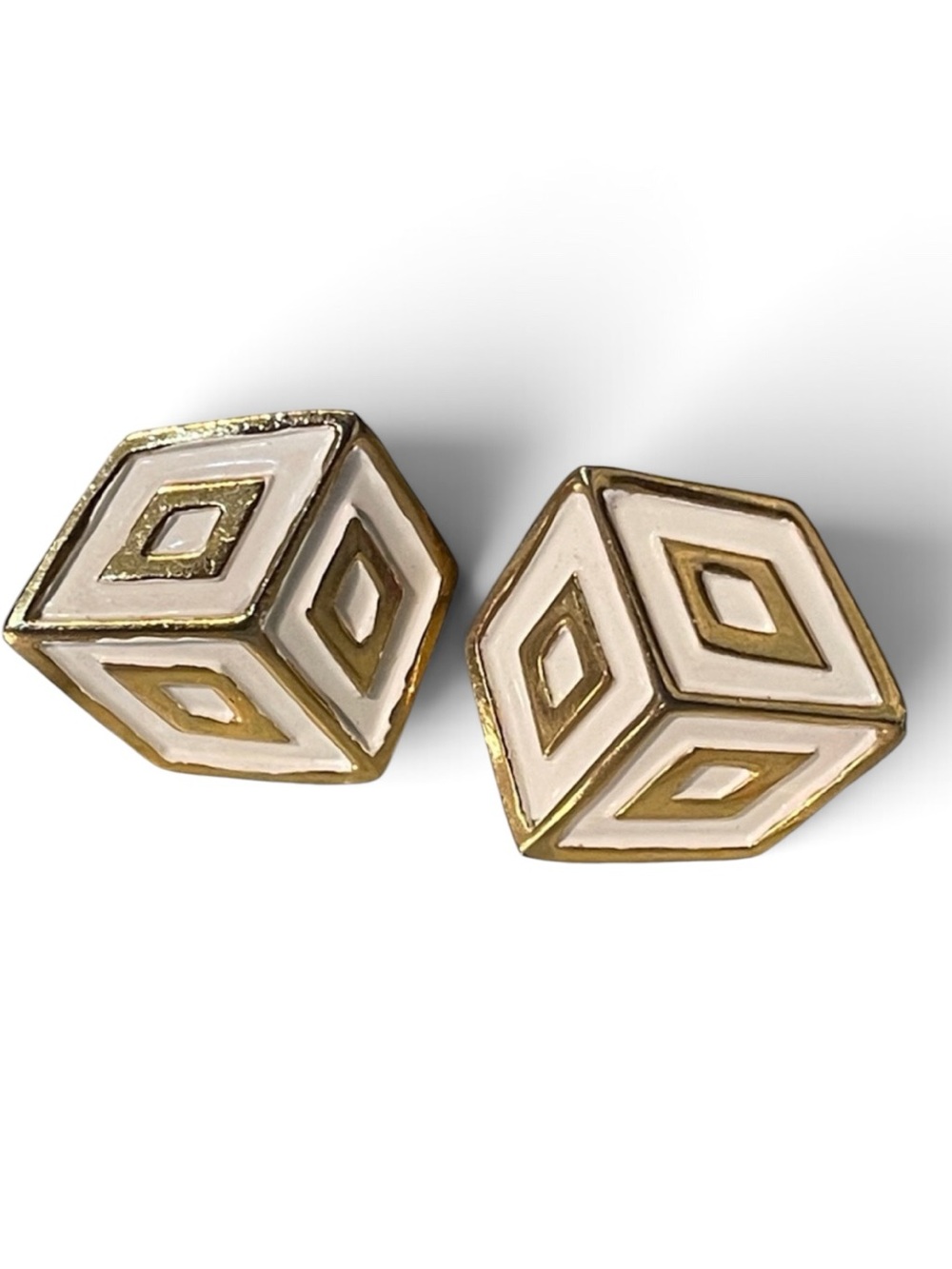 Vintage Lanvin Paris 3D White Enamel Gold-Plated Square Dice Clip On Earrings